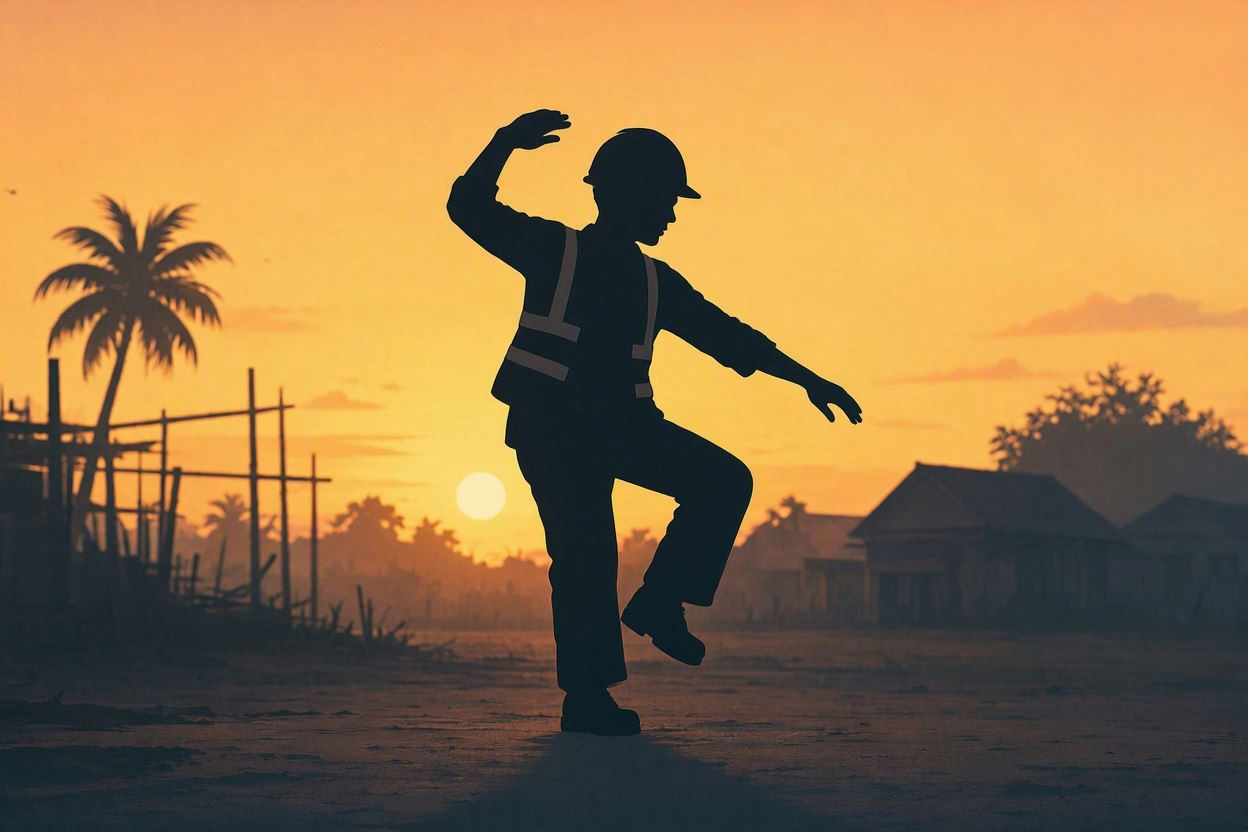 Silhouette of a Jakarta worker moving against a warm sunset